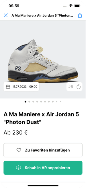 App-Screenshot mit Produktseite des A Ma Maniere x Air Jordan 5 ‚Photon Dust‘ Sneakers, Preis ab 230 Euro, mit Option zum AR-Anprobieren.
