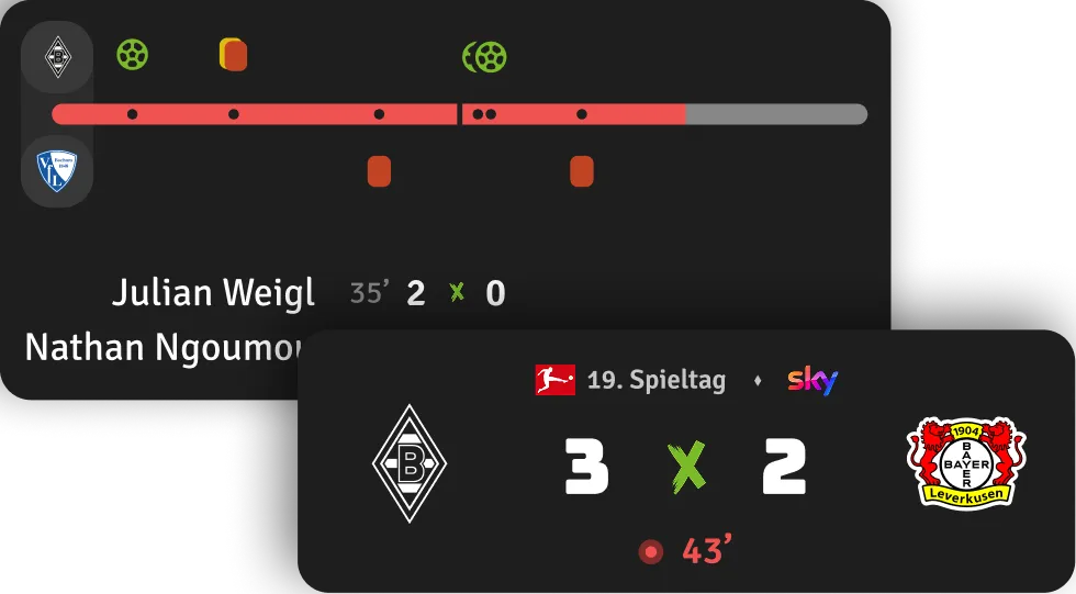 Live Matchcenter Modul mit Spielstand und Live Ticker Timeline in der Fohlen-App