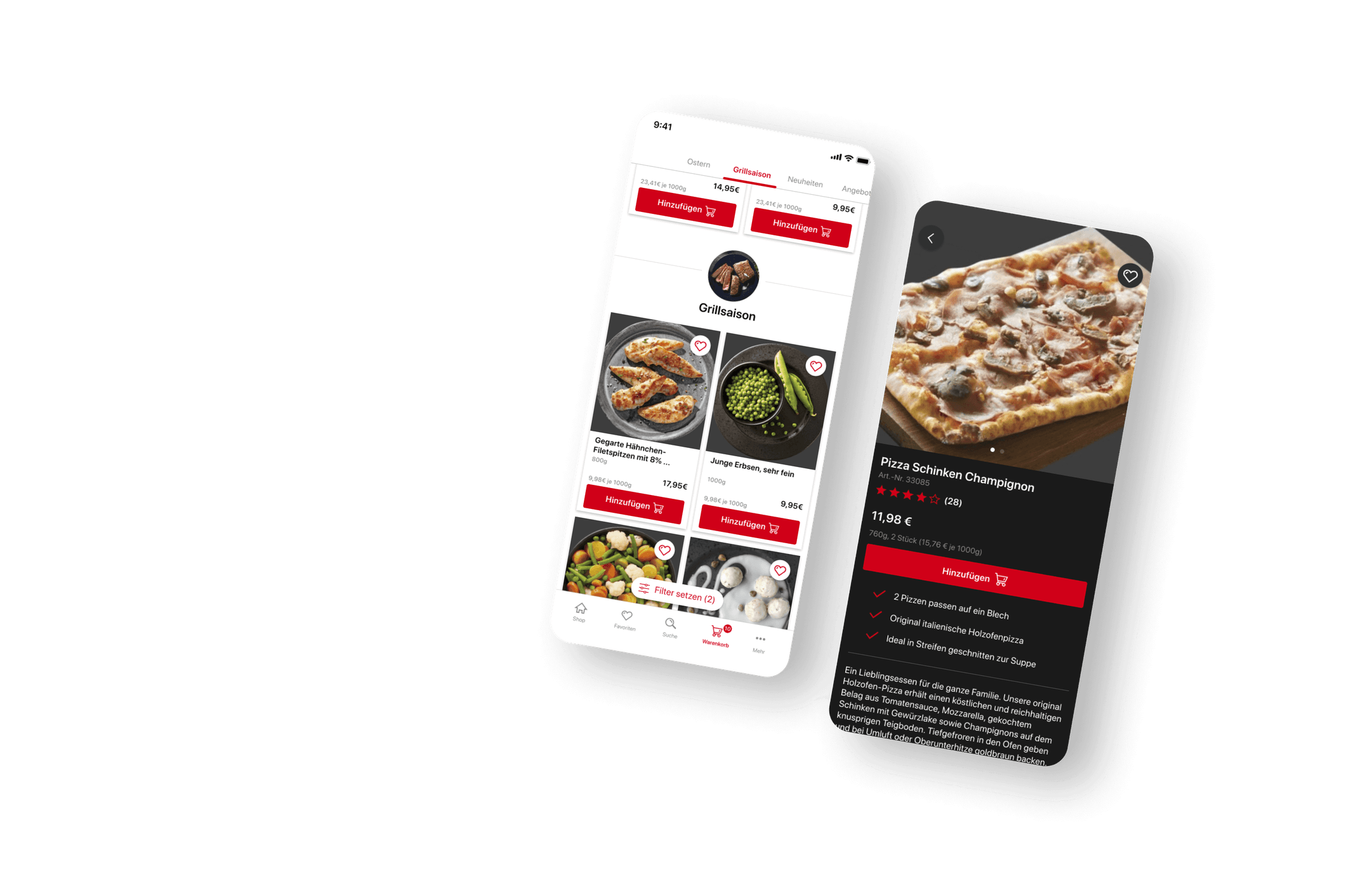 In den nächsten Abschnitten werden mehrere Screendesigns der Eismann App präsentiert. Zwei Screens zeigen eine allgemeine und detaillierte Übersicht von den Tiefkühlprodukten. 