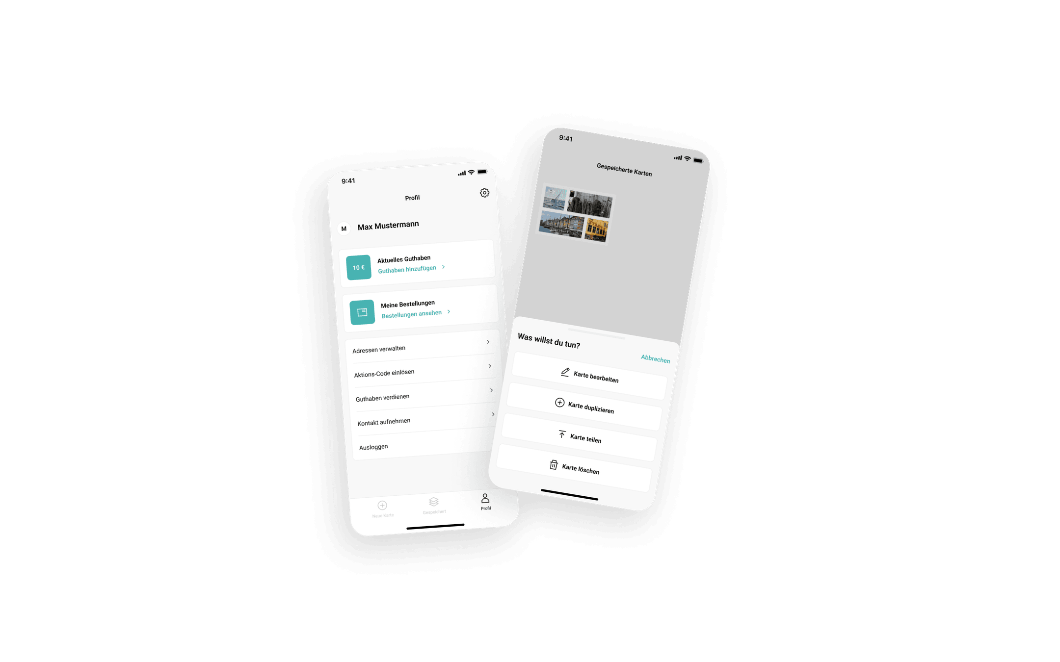 Zwei weitere Screens zeigen das Benutzerprofil, die Einstellungen und gespeicherte Postkarten mit Optionen zum Bearbeiten, Duplizieren und Teilen.