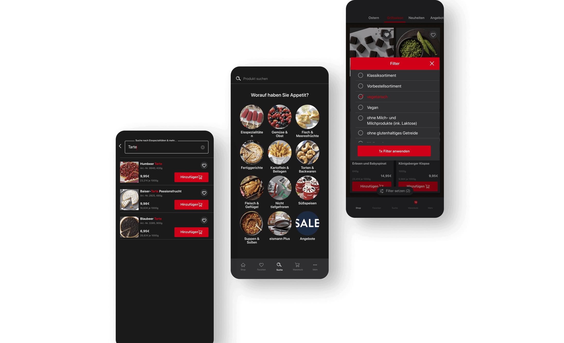 Drei weitere Abbildungen der App zeigen die Suchergebnisse nach Produkten, ein übersichtliches Kategoriesystem zu vereinfachten Suche nach Essensspezialitäten und Detailansichten von Filteroptionen. 