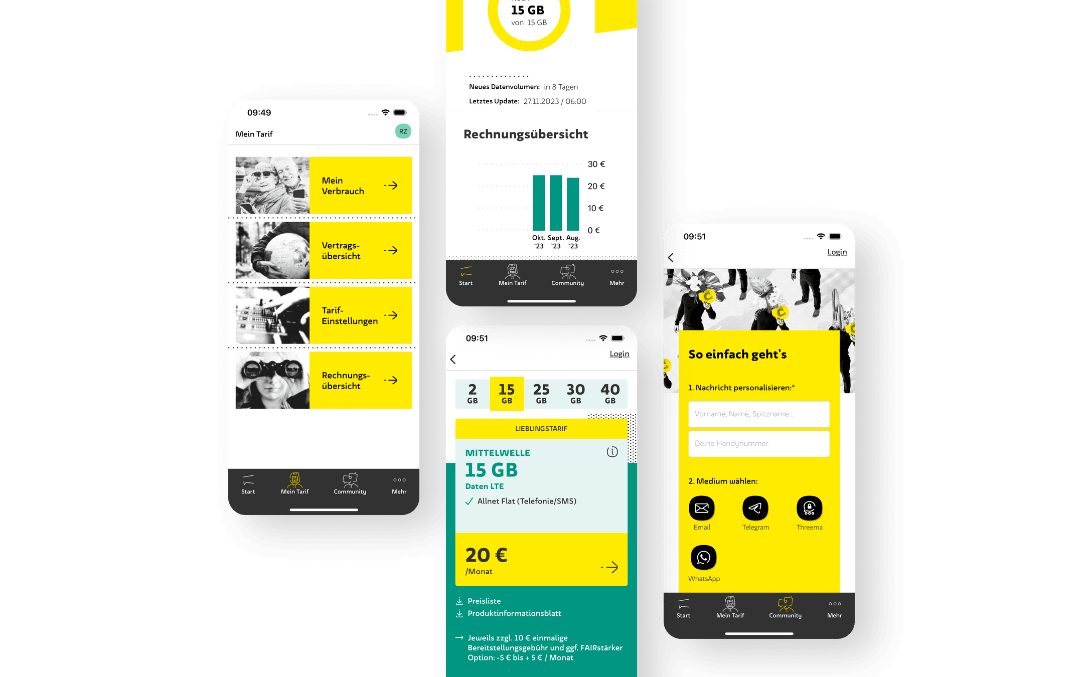 Ein weiterer Screen im nächsten Abschnitt zeigt  die 'Mein Tarif'-Seite in der WEtell App mit Optionen für Verbrauch, Vertragsdetails, Tarifeinstellungen und Rechnungen für bequemes Management. Drei weitere Screendesigns zeigen die aktuelle Rechnungsübersicht, die Auswahl der Mobilfunk-Tarife und die Hilfe und Support der App, den du zu jeder Zeit erhälst.