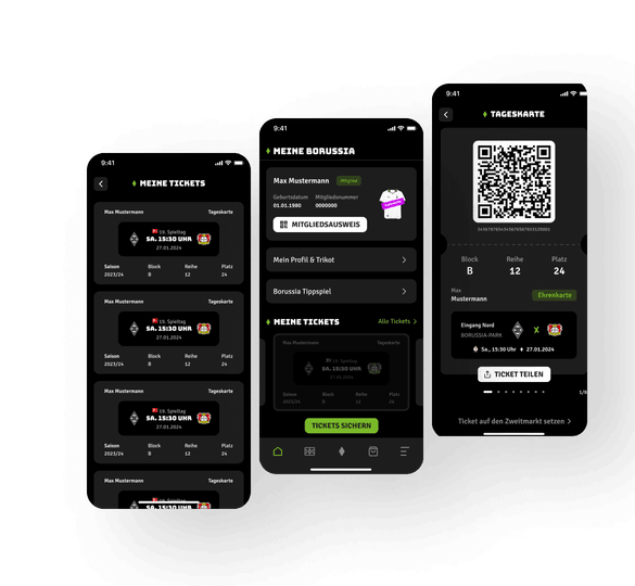 Die ersten beiden Screens präsentieren die Profilseite in der FohlenApp mit Mitgliedsausweis und Ticketoptionen sowie die Detailansicht der Tickets mit Spiel- und Platzinformationen. Der dritte Screen stellt die QR-Code Anzeige der digitalen Tickets der Borussia Mönchengladbach Spiele, mit Block, Reihe und Platz dar.
