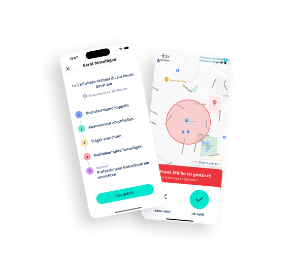 Zwei Screens liegen vor, die die Registrierungsseite der Caera App zeigen und  eine Karte des Standortes, wo ein Benutzer gestürzt ist, mit Optionen für schnelle Reaktion. Ein weiterer Screen demonstriert die Anleitung zum Einrichten eines Sturz Geräts in der Caera App und fünf Schritte zur Aktivierung des Notrufarmbands.