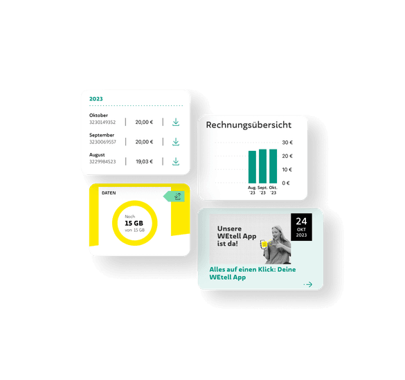 Weitere Screendesigns zeigen eine Übersicht und Transparenz über deine Kosten, eine Rechnungsübersicht mit Balkendiagrammen, eine klare Verbrauchsübersicht und eine Blogübersicht eines Beitrages.