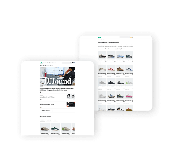Der darauffolgende Abschnitt zeigt die Benutzeroberfläche der Sneaker-News-Website mit Artikel wie z.B. Reebok und ein zweiter Screen präsentiert einen Release Kalender, um keinen Release zu verpassen.