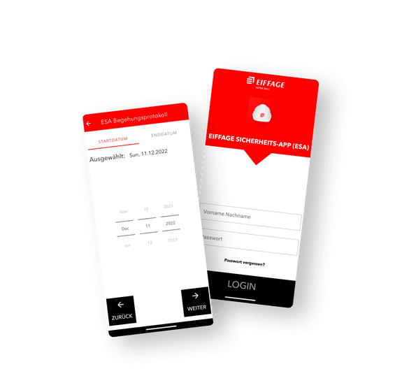 Im dritten Abschnitt wird zum einen die Protokollierung von Sicherheitsbegehungen auf Baustellen auf einem Screen präsentiert und zum anderen der Login-Screen mit Eingabefeldern.