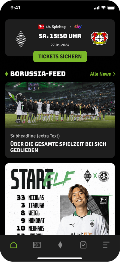Zur Veranschaulichung der FohlenApp von Borussia Mönchengladbach wird ein Screendesign der Startseite mit Funktionen wie aktuelle News, Live-Ticker, digitale Tickets und Spielstatistiken dargestellt.