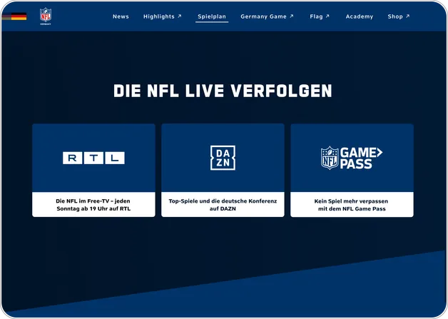 Übersicht der Streaming- und TV-Angebote zur Live-Verfolgung der NFL auf der NFL-Germany-Plattform