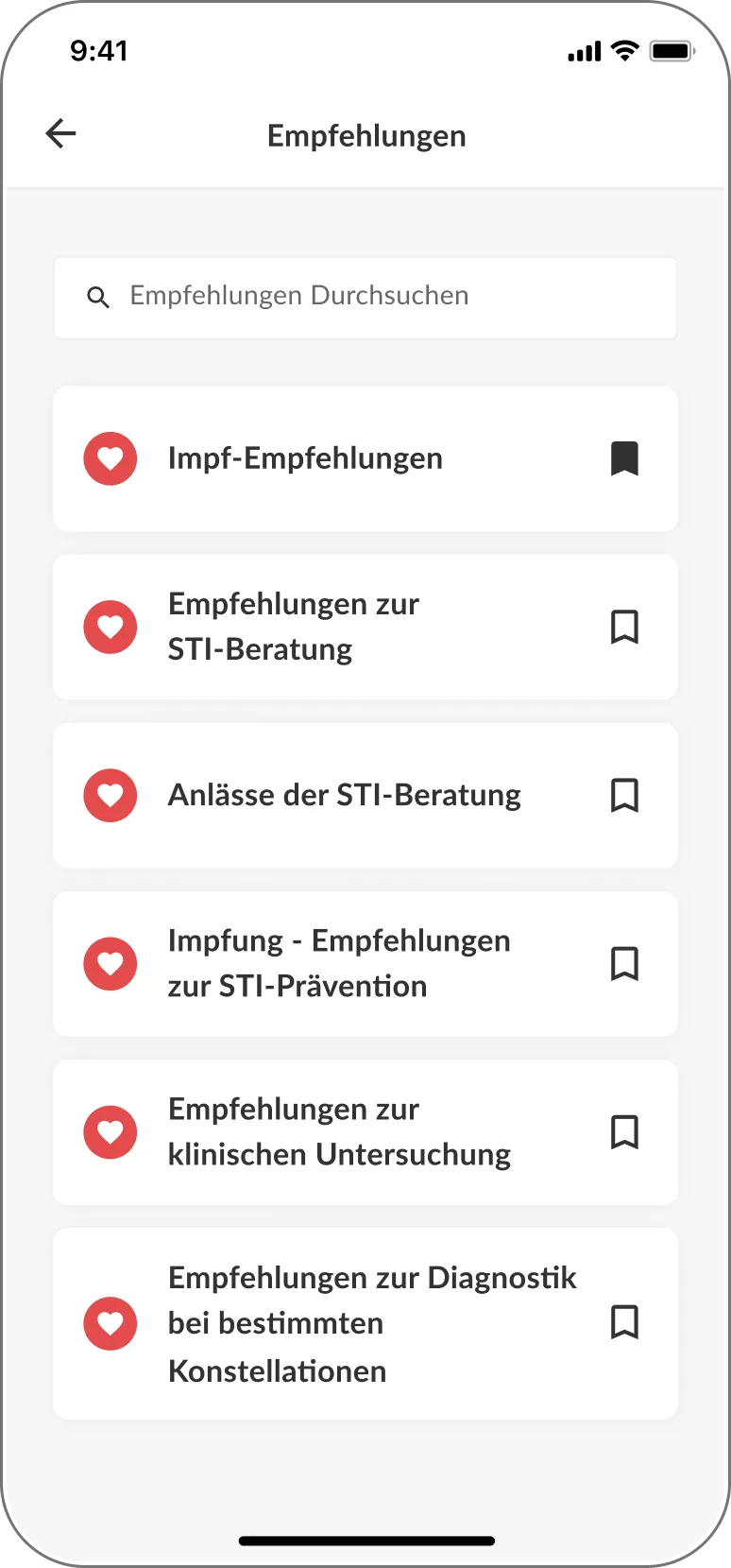 Empfehlungsübersicht der DSTIG-App mit thematischen Kacheln zu STI-Beratung, Prävention und Diagnostik.