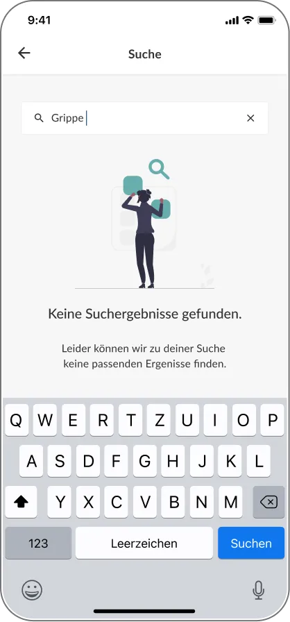 Aktive Sucheingabe in der DSTIG-App mit Tastatur und Anzeige eines Suchergebnisses.