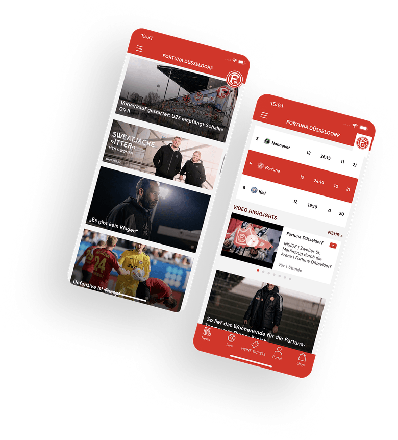 Um die Fortuna Düsseldorf App darzustellen, werden Screens mit Design-Elementen wie News, Spieltabelle und Fan-Inhalten bereitgestellt.
